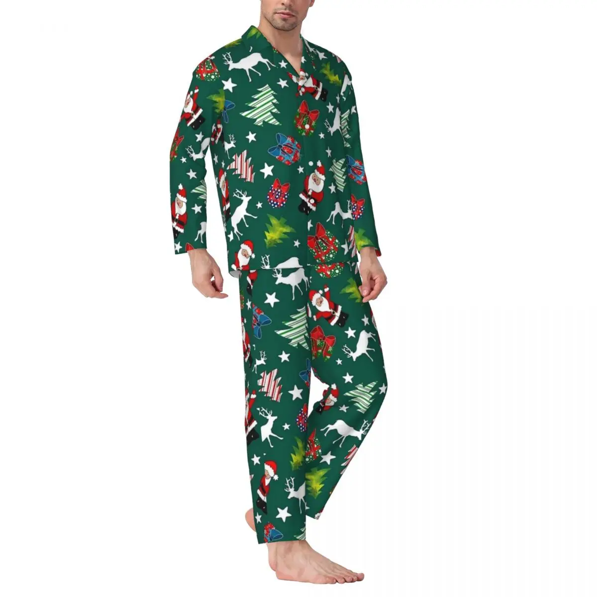 Christmas Santa Pattern Green Pajamas Set Cute Sleepwear Couple Long Sleeve Casual Loose Room 2 Pieces Home Suit Large Size 2XL