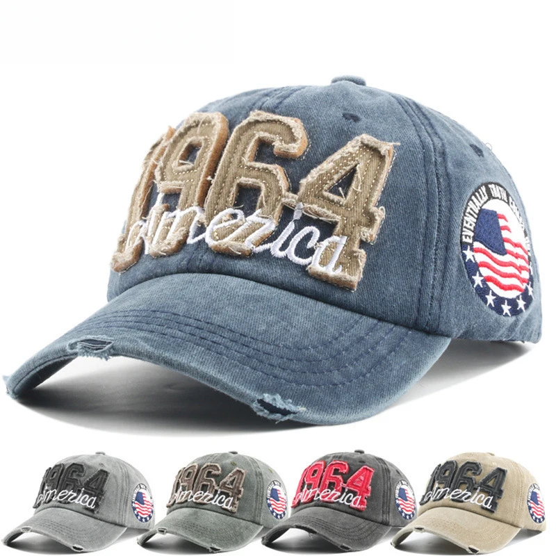 

New Man Woman 1964 embroidered America baseball cap washed denim vintage washed cotton summer men's outdoor Sun Caps