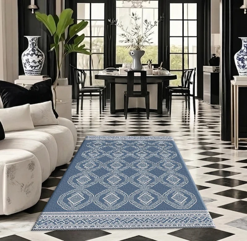 Blue and White Checkered Diamond Border Carpet Floor Covering with Simple Geometric Seamless Print, Suitable for Modern Rooms