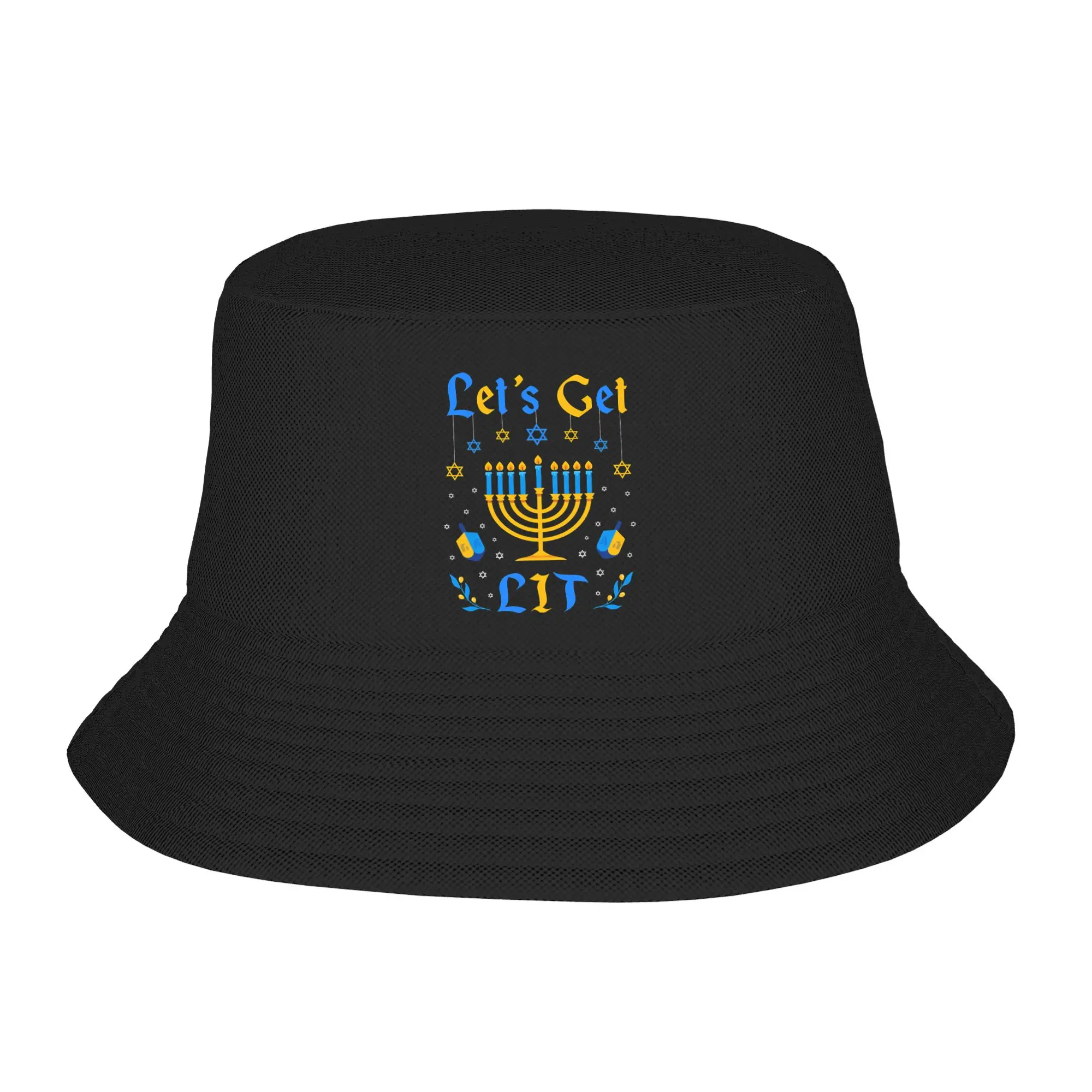 Unique Let's Get Lit Hanukkah Jew Menorah Bucket Hats Women Men Lightweight  Fishing Cap Beach Hatwear Boonie Hat