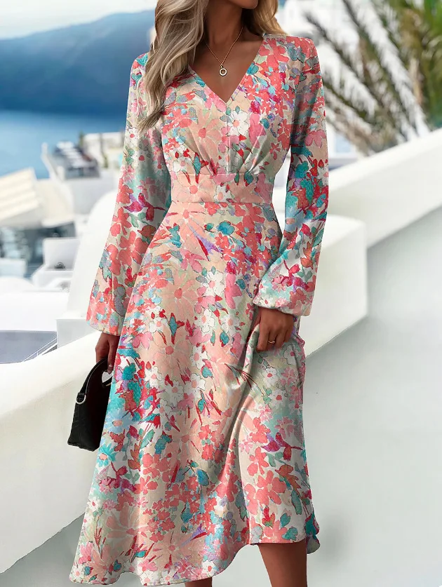 

Elegant Women's Dress Casual Loose V-neck Long Sleeve Print Robe Spring Autumn Fashion Tie Dye Vacation Long Dresses Vestidos