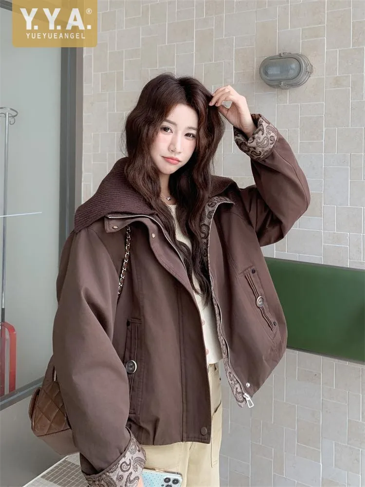 

Женская зимняя модная вязаная жаккардовая куртка с отложным воротником в стиле пэчворк, теплая повседневная верхняя одежда, уличная свободная куртка на молнии, женское пальто