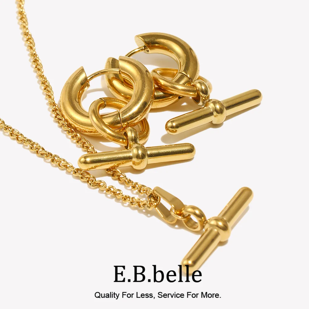 E.B.belle Fine Polished Stainless Steel Jewelry OT Bar Charm Chunky Hoop Earrings Fashion 18K Gold Plated Jewelry For Woman