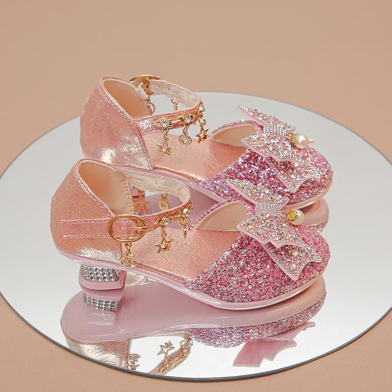

Girls High Heeled Leather Shoes for Wedding Party Glitter Rhinestone with Bow-knot Kids Dress Elegant Pendant Bling Sparkling
