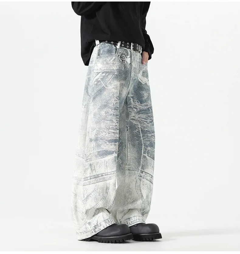 2026 Fashion Men‘s Women's 3D Chain Printed Contrast Color Jeans Niche Design High Waist Casual Denim Pants Female Trendy  Male
