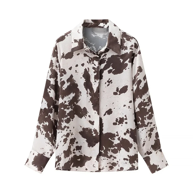 Summer 2025 New French Commuter Style Comfortable and Versatile, Animal Print Lapel Single-breasted Long-sleeved Shirt