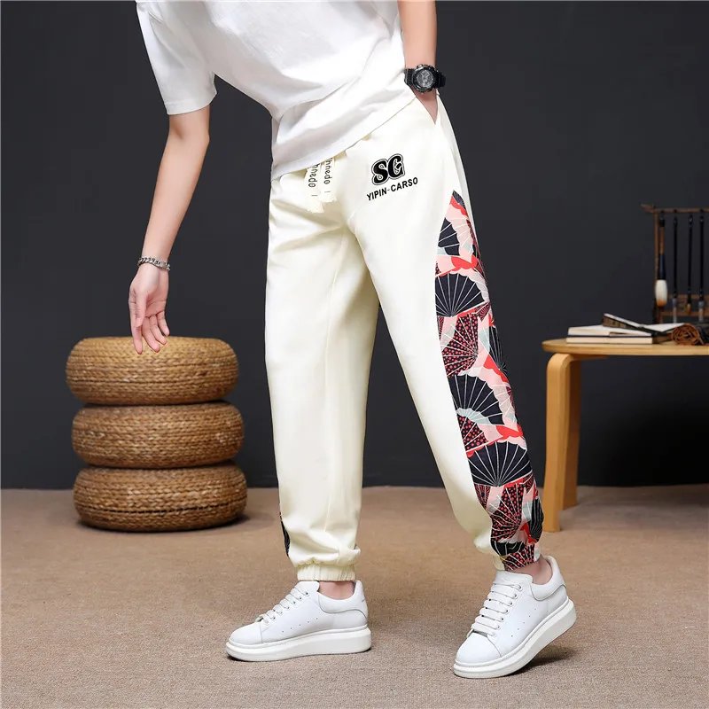 Spring Summer Men Pants Sports Outdoor Casual Trousers patchwork Lightweight Print Male Long cuffed pants