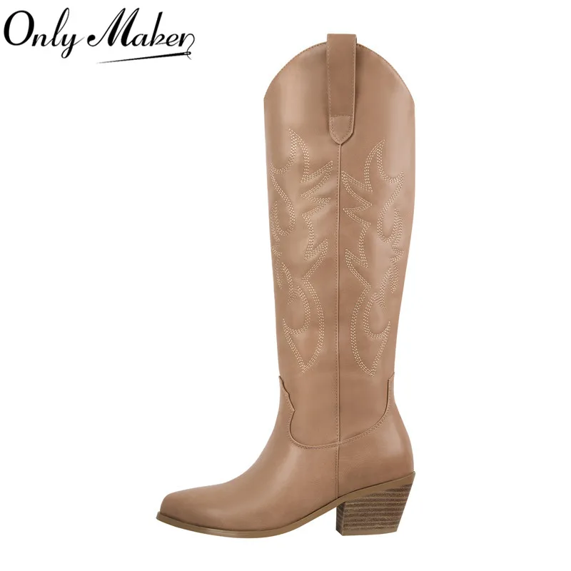 Onlymaker kobiety Pointed Toe złote buty do kolan kowbojki z dalekiego zachodu szerokie łydki haftowane blok pięty Pull-On Cowgirl Lady Bo