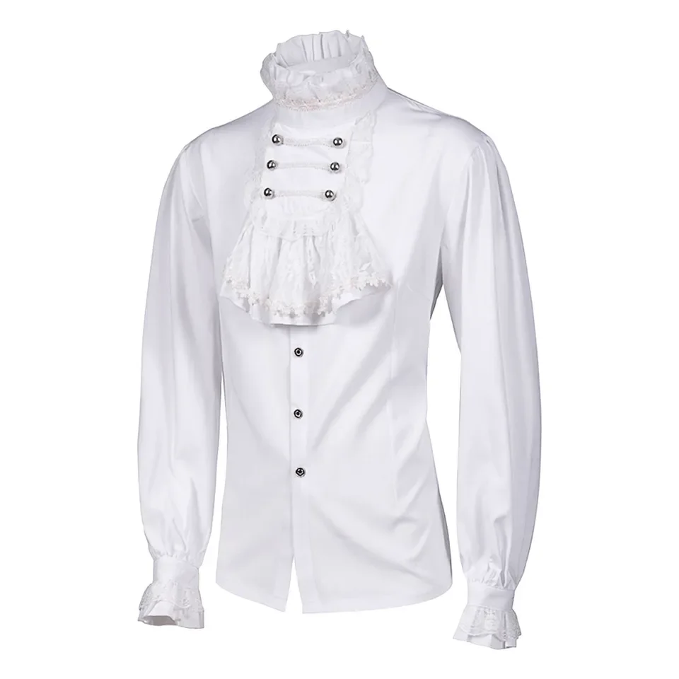 Mens Lace Ruffle Pirate Shirts Renaissance Victorian Steampunk Gothic Medieval Costume Vintage Stand Collar Long Sleeve Shirt