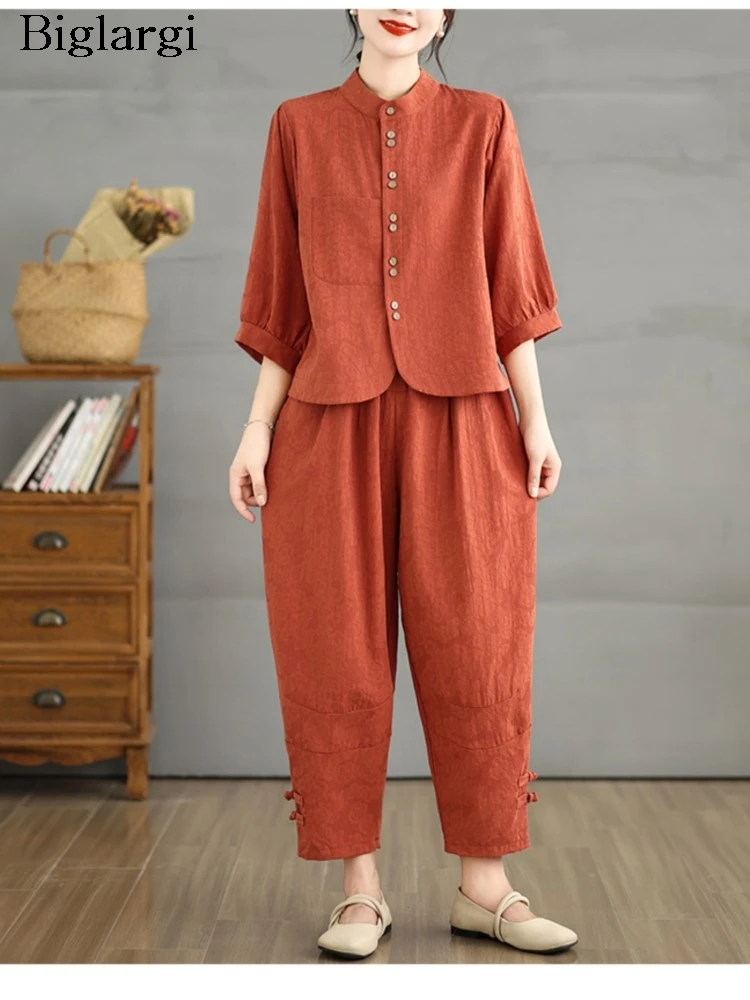 

Oversized Summer 2 Two Piece Set Women Lantern Sleeve Fashion Ladies Cropped Shirts Loose Pleated Elastic Waist Woman Harem Pant