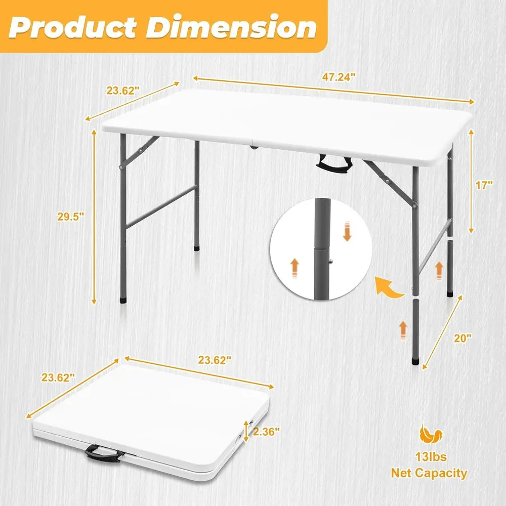 Compact 4ft Folding Table, White Plastic Outdoor/Indoor Dining, Portable Utility Table for Camping, Picnics, Parties