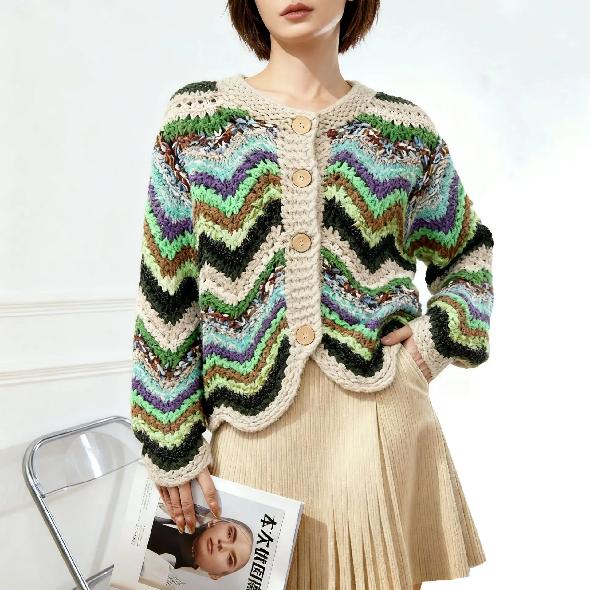 

Heavy Industry Retro Color-blocked Round-neck Knitted Cardigan Sweater And Thickened Women's Top