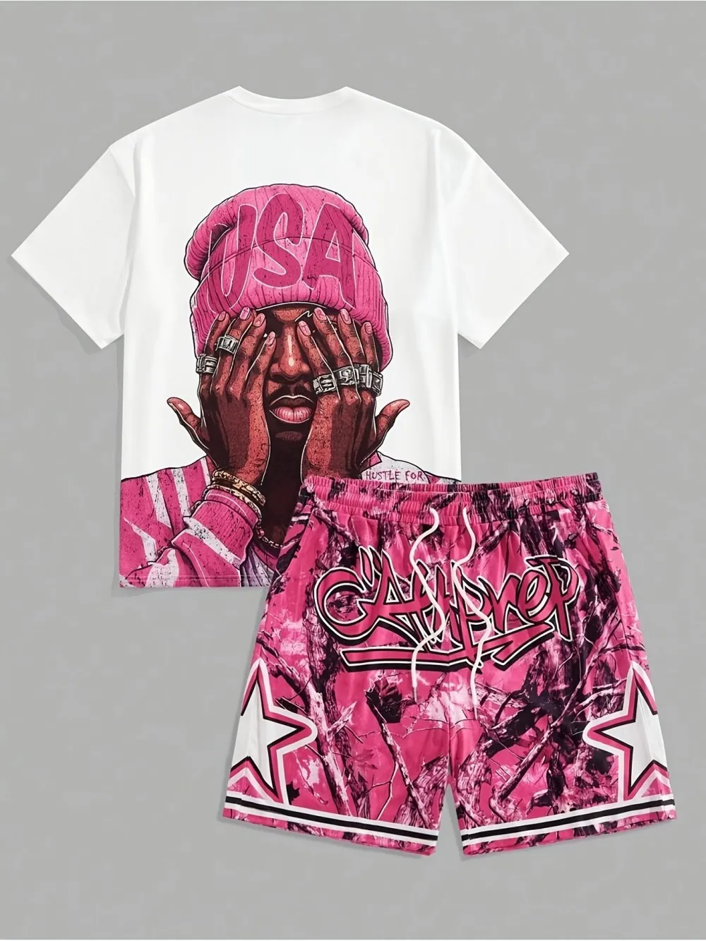 Men's Summer Fashion Figure Letter Print Micro Elastic Breathable Round Neck T-Shirt Drawstring Shorts Set Outdoor Streetwear