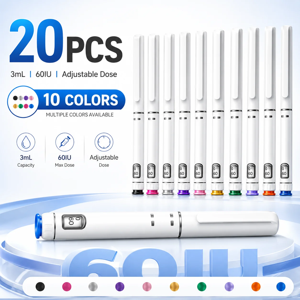 20PCS 3ml 60IU Disposable Injection Pens Adjustable Dose Self Injector Portable Personal Care Pen Set for Home Travel Use