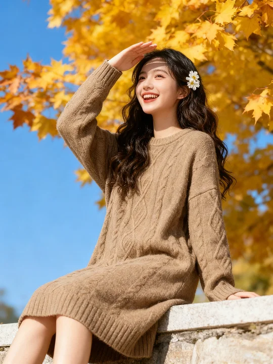 

Chic Knitted Coffee Color Lazy Maturi Sle Fitted Dr Warm Polyester Fiber Long Sve O-ape Daily Wear round Ne Dr