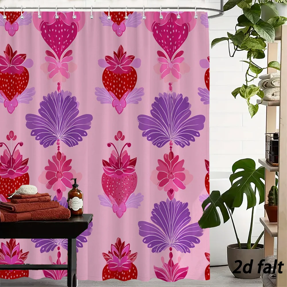 Folk‑Style Ornate Red Strawberry And Purple Pink Blossom Vertical Repeat Pattern On Soft Light Pink Backdrop Bath curtain