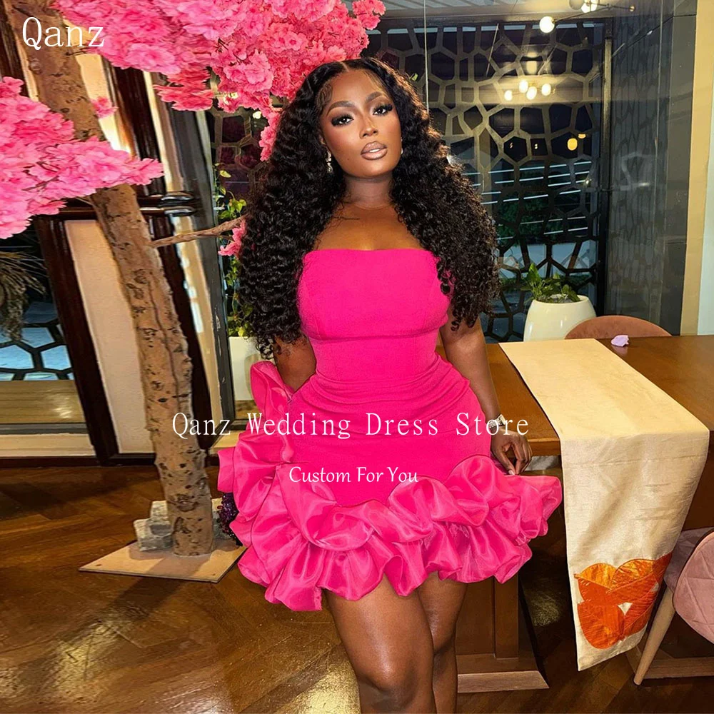 

Qanz Fuchsia Ruffles Short Prom Dresses Stretchy Party Gowns Ruffles Lace Up Backless African Mini Dresses Nigeria Customized