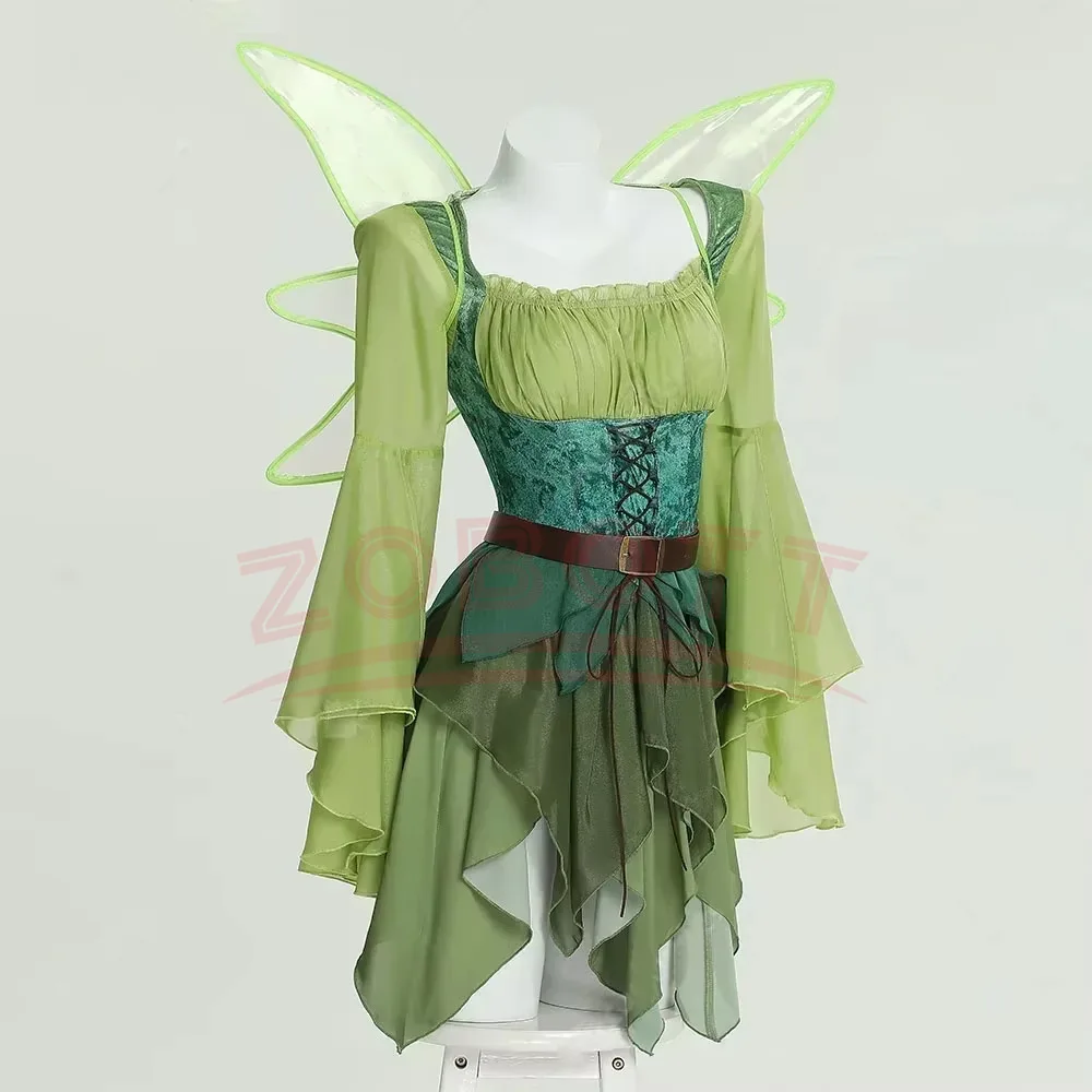 

Women's Elf Medieval Green Fairy Dress Magical Elf Dress and Belt with Wings Halloween Cosplay Costumes Elf role-playing costume