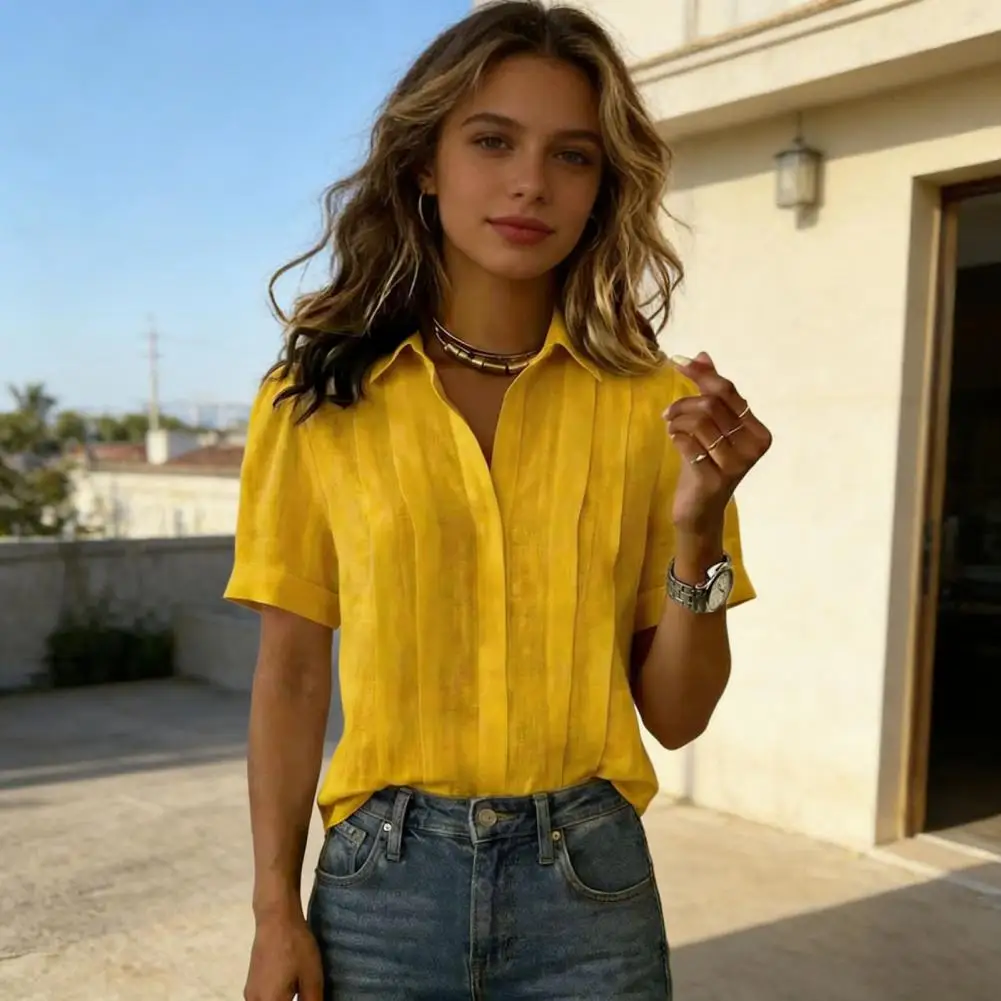 Summer Blouse Women’s Lapel Shirt Tops Short Sleeve Button Placket Blouses Loose Fit Pure Color Shirts for Home Dates Soft