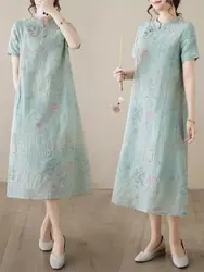 New Chinese Style Embroidered Improved Qipao Dress For Women In Summer Thin High-End Cotton And Linen Short Sleeve Dress K396