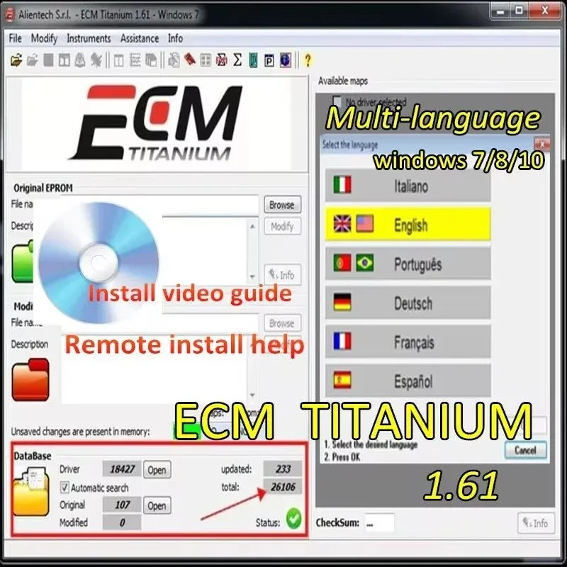 Car Tool Software ECM TITANIUM 1.61 with 26000+Driver ECM 18259+Drivers for Ecu Tool Link/CD /USB Windows 7/10