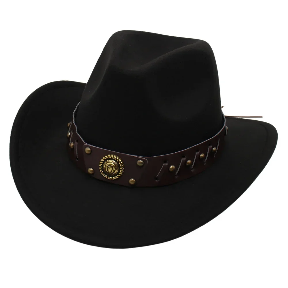 Travel Black Western Cowboy Hat Women Men Grassland Country Hat Retro Cowgirl Knight Wool Jazz Felt Hats Winter Autumn American