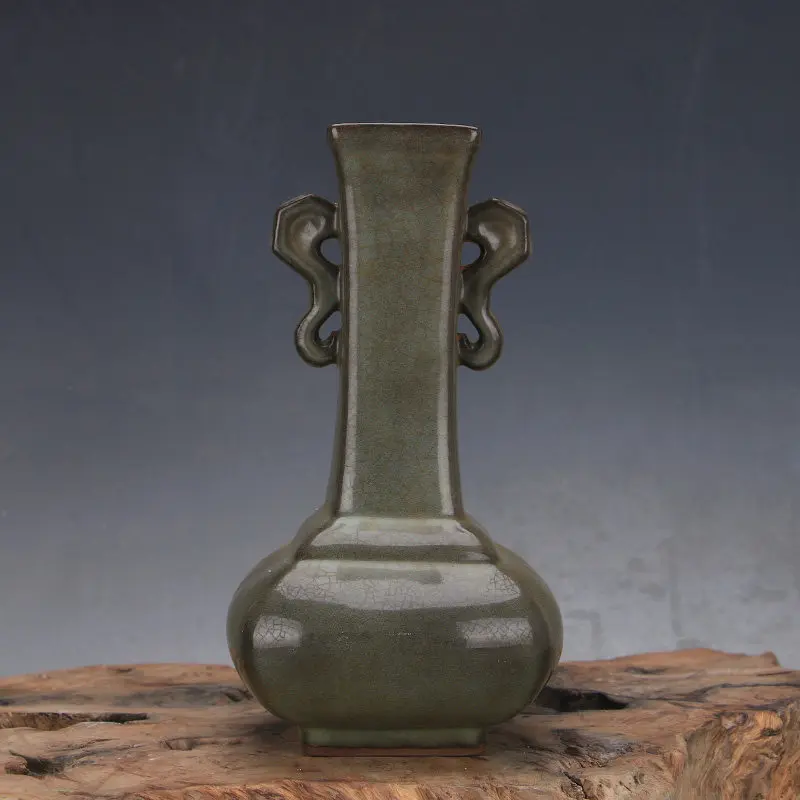 Song Guan Ware Crackle Glaze Celadon Iron Body Double Ear Vase Vintage Chinese Ceramic Home Decor Collectible
