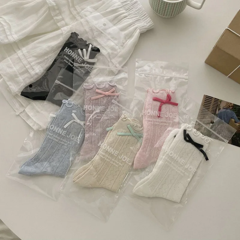 6 Pairs Pack Lolita Long Socks Japanese Style Kawaii Cute Bowknot Ruffle Socks Sweet Heart Thin Mesh Girls Socks Summer
