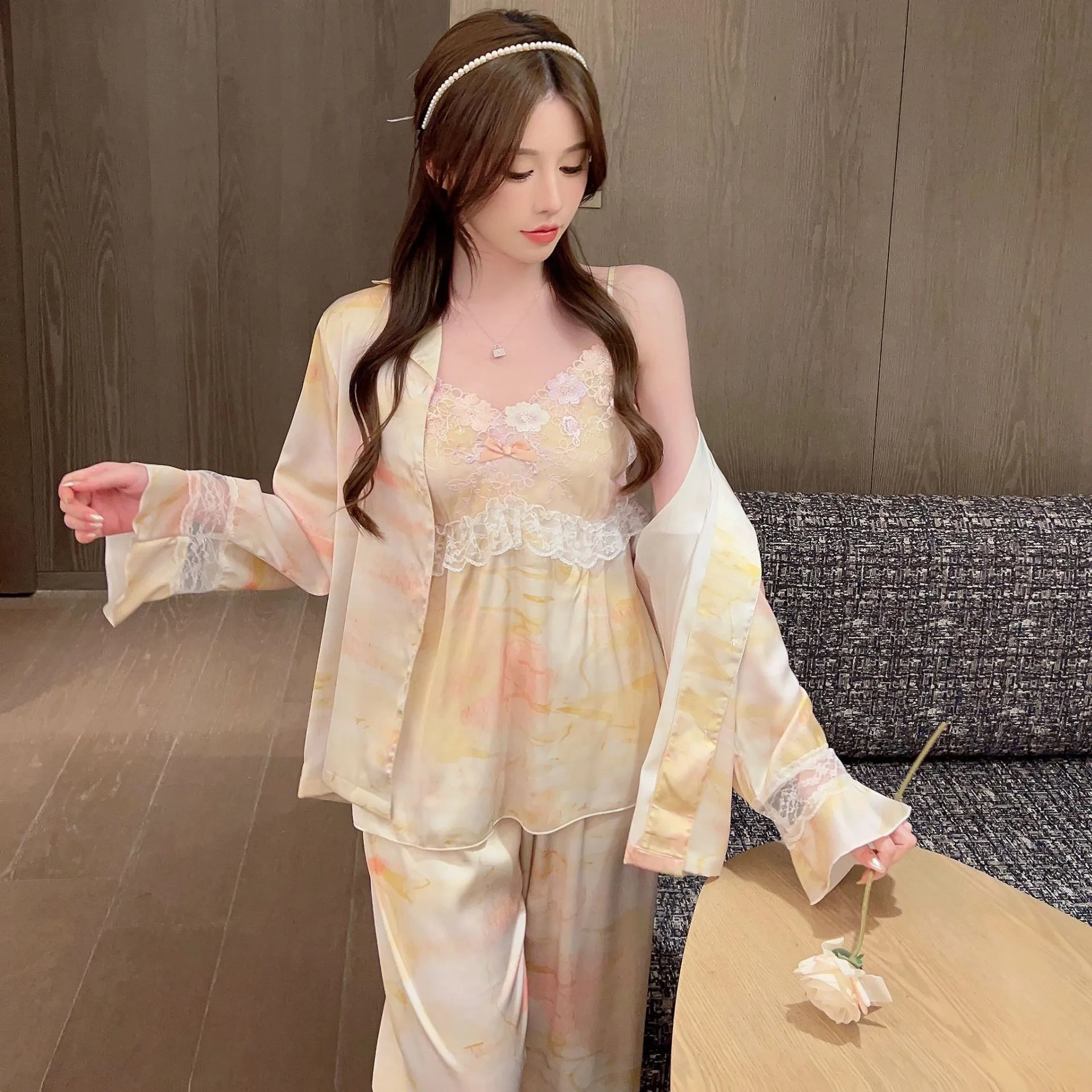 

Female Lace Pajamas Set Lingerie Women Tie-Dye Print Robe Strap Top Trousers Pijamas Suit Silky Satin Sleepwear Homewear