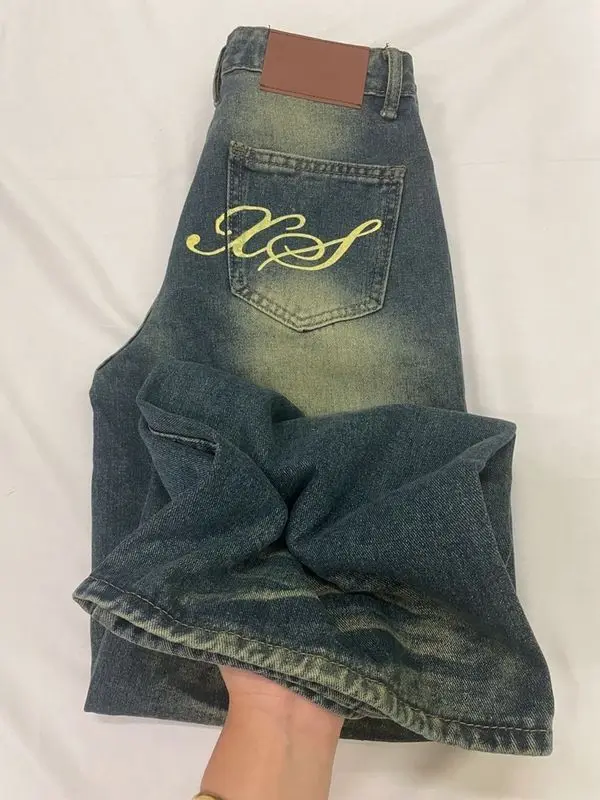 Jeans de perna reta lavada para homens e mulheres, estilo street americano retrô, calça casual solta, até o chão, nova moda para primavera