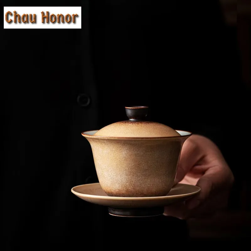 

180ml Retro Kiln Change Coarse Pottery Gaiwan Aesthetic Tea Tureen Tea Bowl With Lid Kit Tea Brewing Cover Bowl Drinkware Gifts