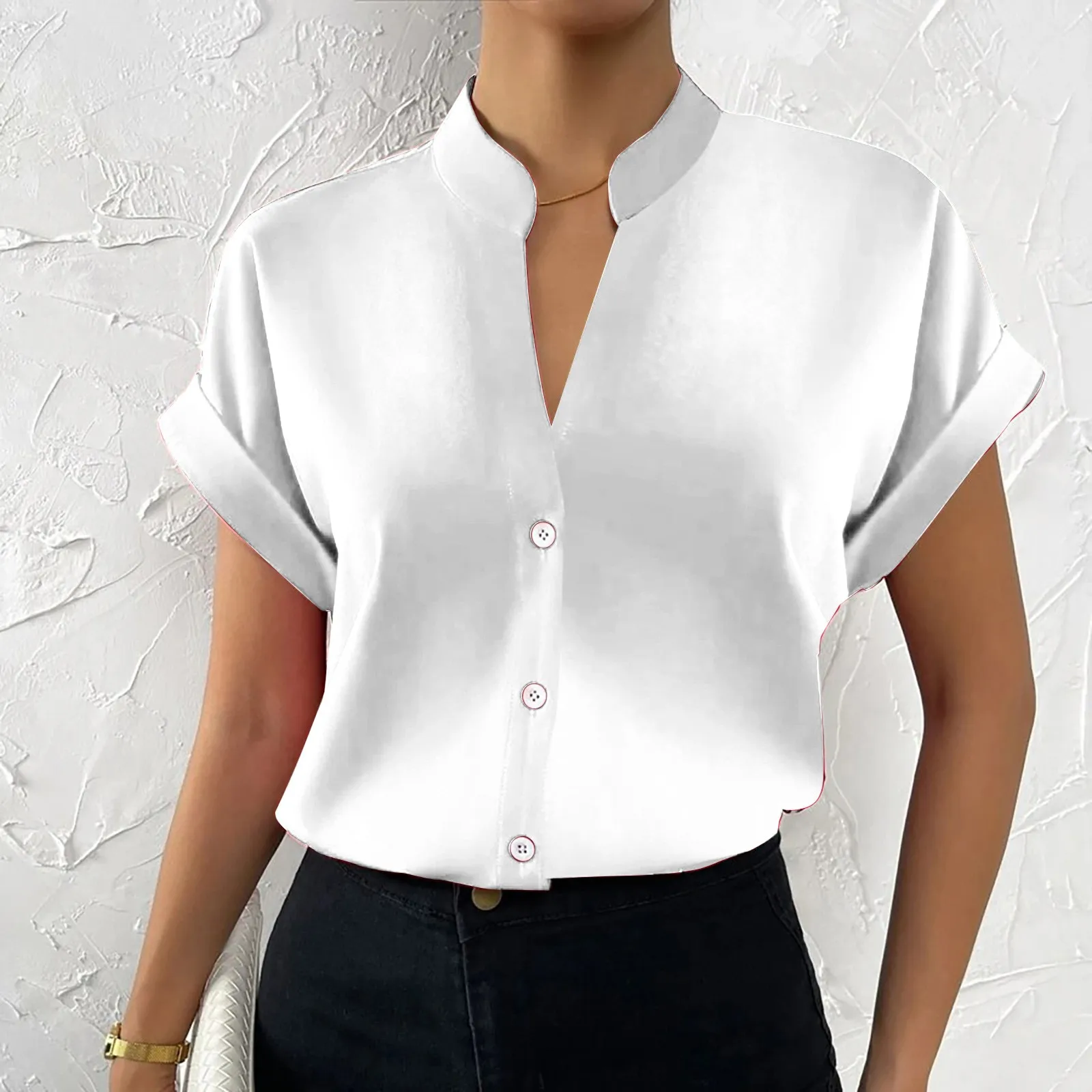 Elegant Fashion Women Blouse 2024 Summer Simple Tops Solid Slim Fit V-Neck Button Office Commuter Female Short Sleeve White Shir