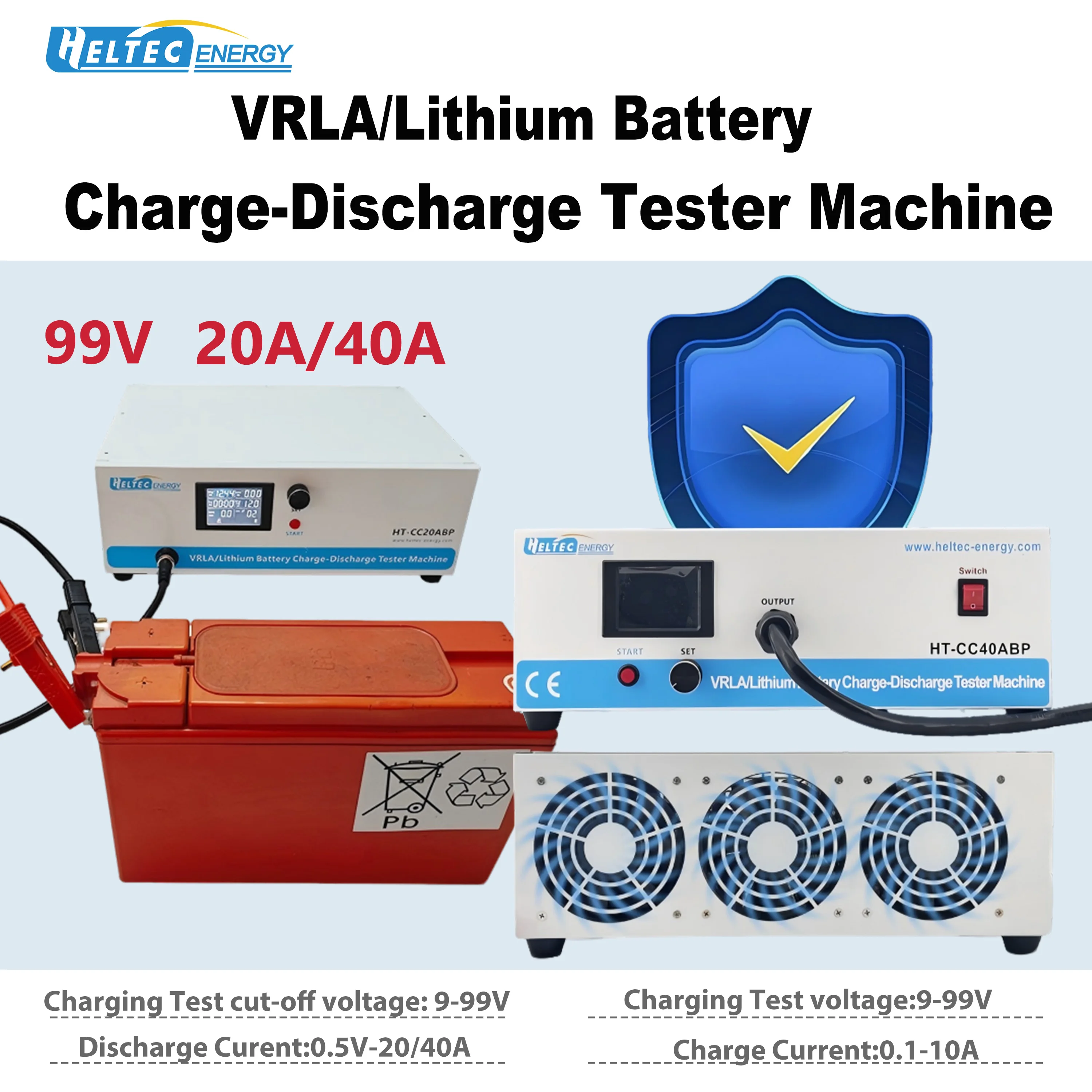 Heltec 99V 20A/40A VRLA Lithium Battery Charge Discharge Tester, 0.1V/0.1A Battery Capacity Tester for EV E-bike Energy Storage