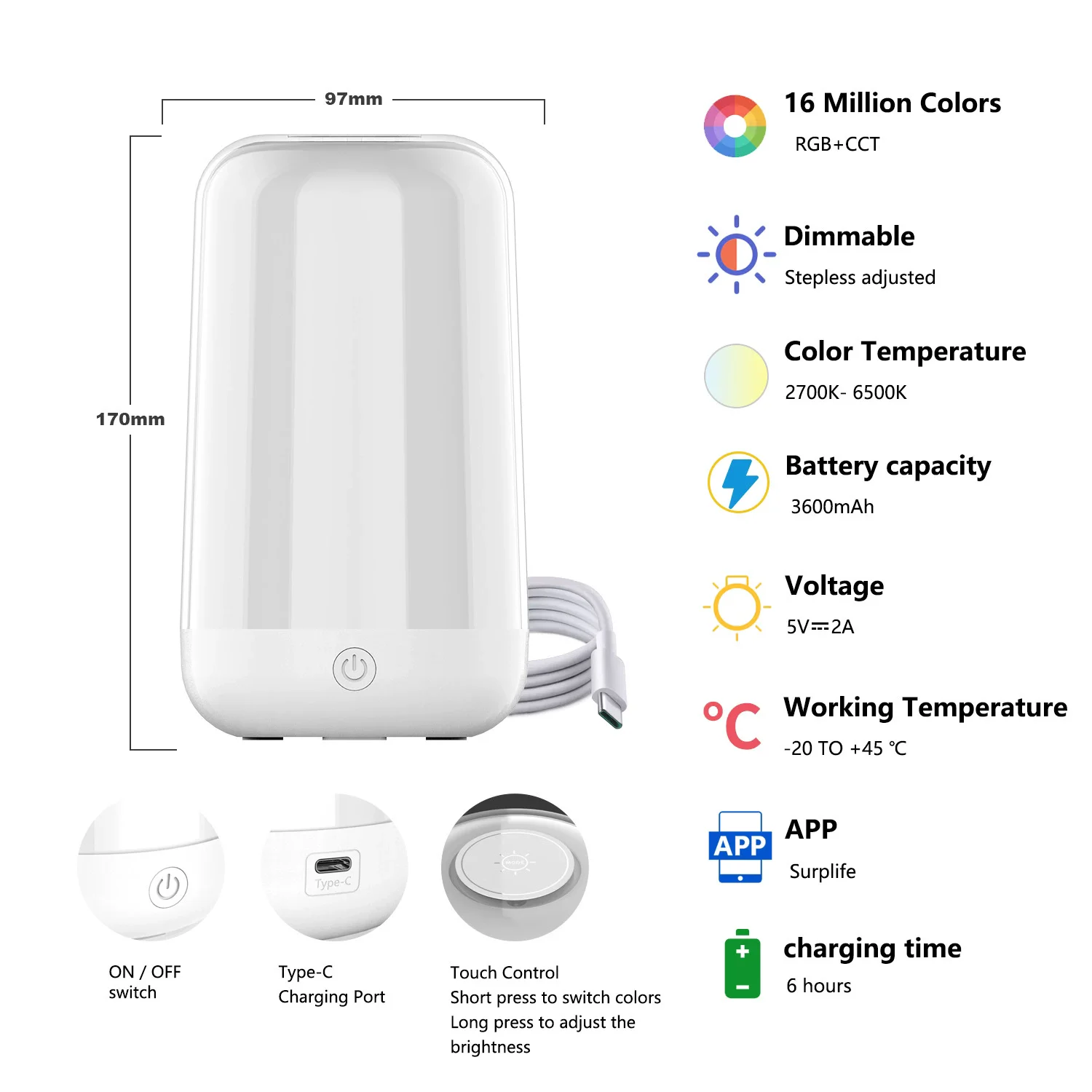 تطبيق بلوتوث ذكي يعتم وتعديل اللون الضوء المحيط USB شحن بطارية 3600 مللي أمبير في الساعة RGB لاقط الصوت الديناميكي ضوء الليل #5