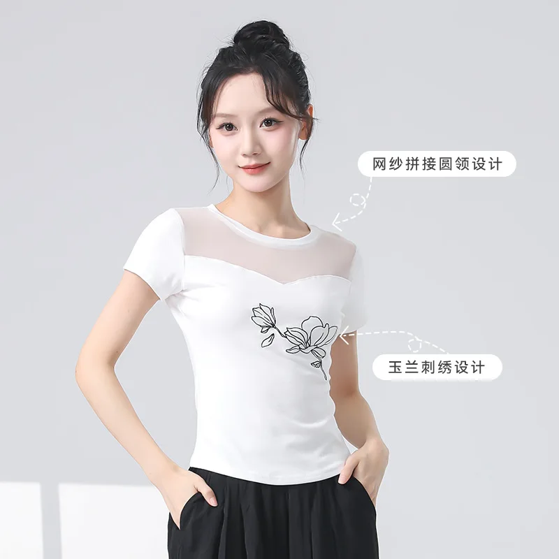 Roupas de prática de dança moderna feminina verão nova camiseta de manga curta malha fina costura clássica d roupas desempenho topo