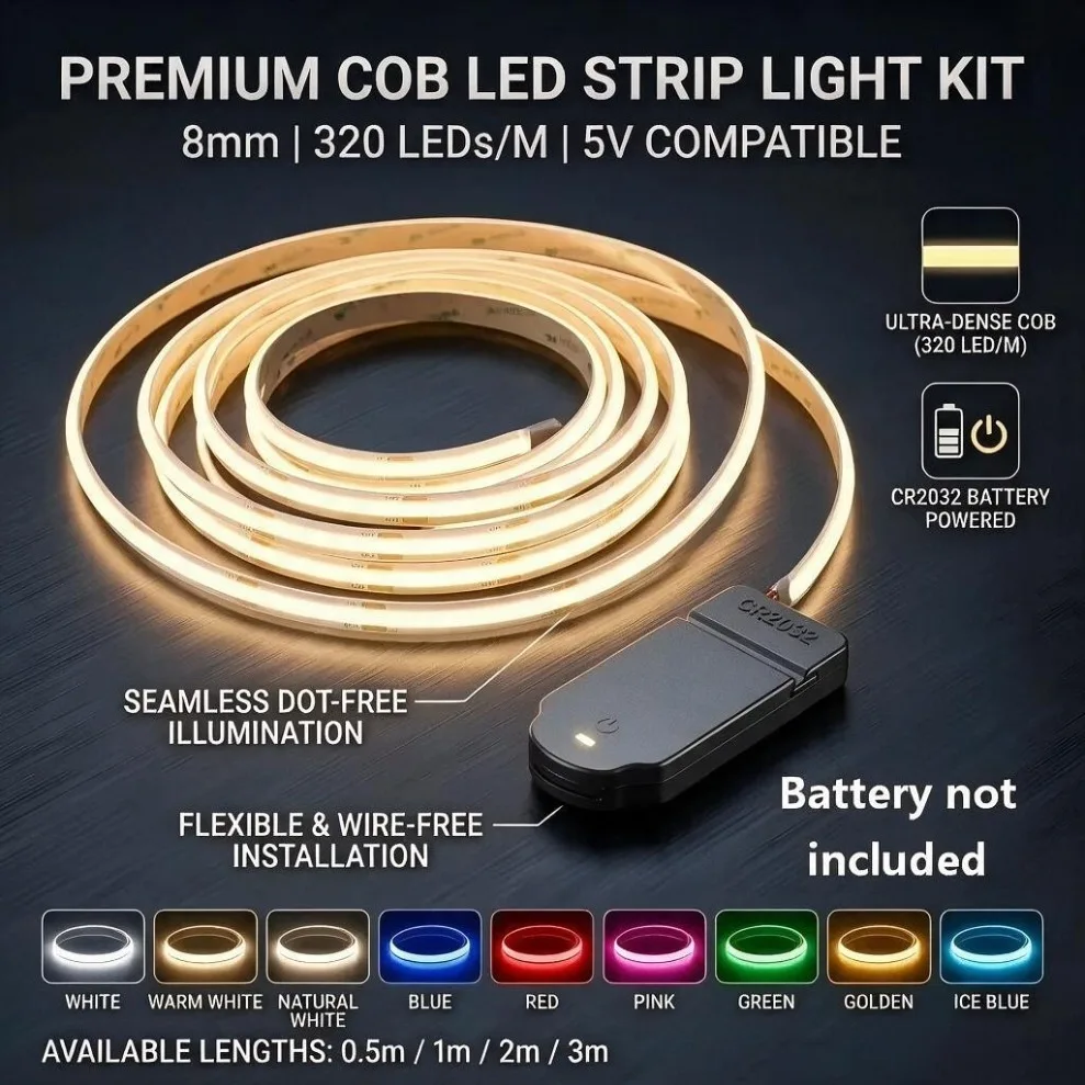 0.5-5M 8mm PCB COB LED Strip DC5V, 320LEDs/M Flexible Light Tape 3AA/CR2032 Powered Multicolor for TV Cabinet Bedroom Backlight