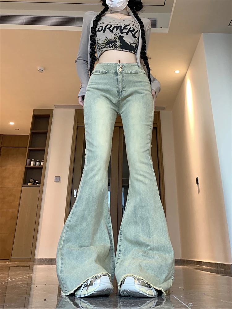 Women's Fish Tail Edge Design Slim Flared Pants Cool Girl High Waisted Streetwear Fashion Pants Female Vintage Denim Trouser