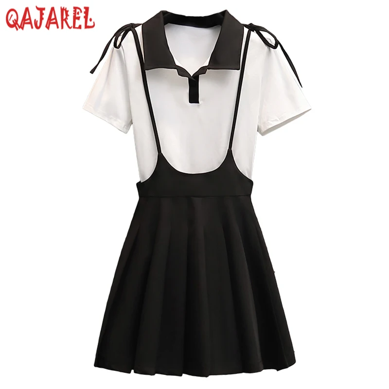 

2024 Summer Korean Elegant Office Lady Dress Sets Women White Short Sleeve Polo Collar T-Shirt+Black Strap Half Lenth Skirt Sets