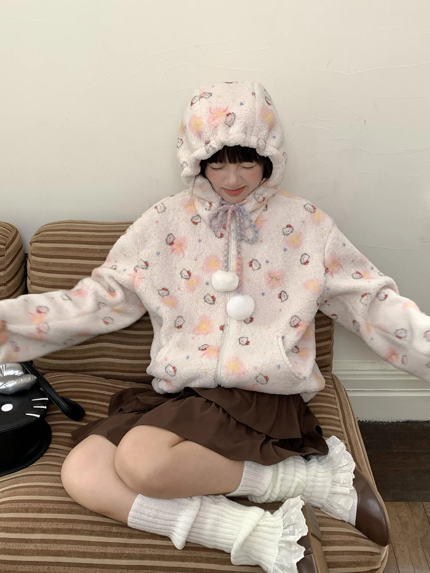 

Cute Plu Lamb Fur ort Coat Women's Autumn Winter Hooded Jaet College Sle Print Warmth Polyester Fiber Long Sve Zipper