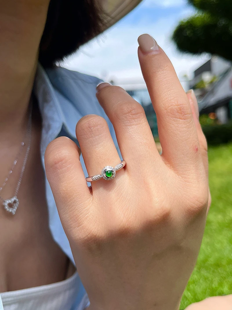 LUOWEND 100% 18K White Gold Rings Fashion Elegant Style Shiny Diamond Natural Jade Gemstone Ring for Women High Wedding Jewelry