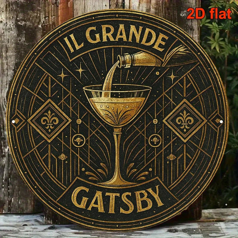 2D Flat - Vintage 1920S Art Deco Metal Sign, Featuring a Retro Gin Cocktail Design with Golden Highlights, Perfect for Decoratin