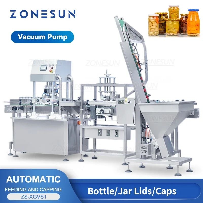 ZONESUN Vacuum Capping Machine ZS-XGVS1 Automatic Jar Capping Vacuum Bottle Closing Machine With Cap Feeder Production Line