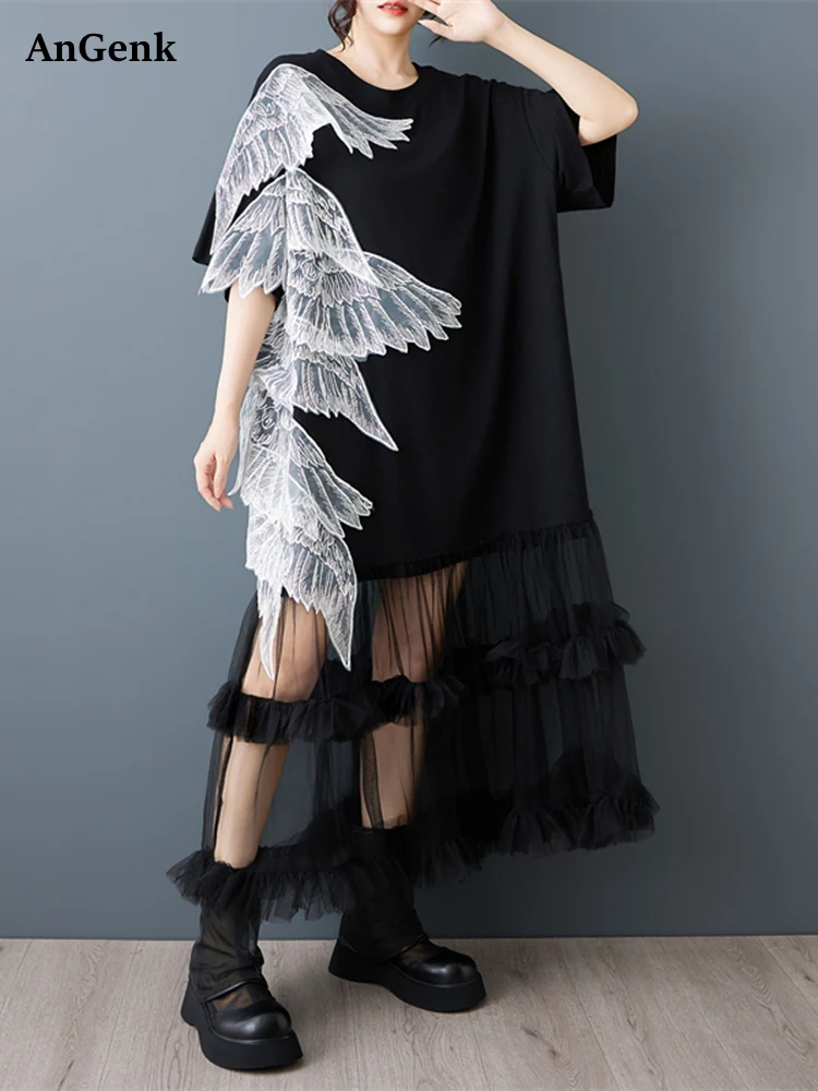 2026 Summer New Oversized Patchwork Mesh Vintage Dresses For Women Short Sleeve Casual Loose Personality Long Dress Clothing