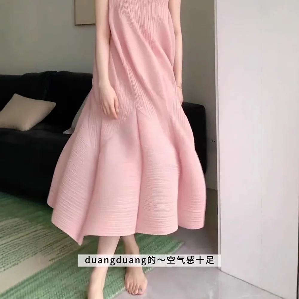 Miyake 2025 Pink Pod Long Temperament Loose Pleated Skinny Fashion Fairy Dress Seaside Vacation Sleeveless Vest Pleats Dresses