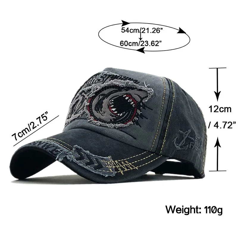 2022 Men\'s and Women\'s Outdoor Baseball Cap Shark Cowboy Hat Adjustable Peaked Cap Sun Hat Embroidered Washed Cotton Hat Couple