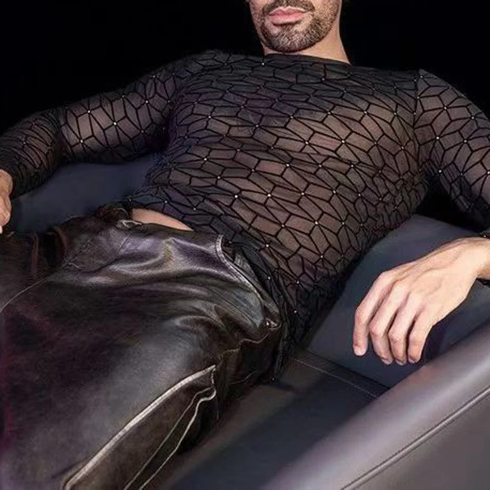 Mens Mesh Long-Sleeved Drop-Shoulder See-Through T-Shirt Nightclub Wear Fitness Breathable Bottoming Shirt Performance Clothes