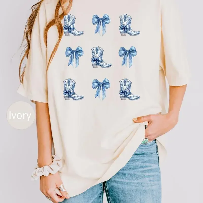 Blue Toile Coquette Bow T Shirt Chinoiserie Pattern Cute And Boots Stylish Design Top Western Cowgirl