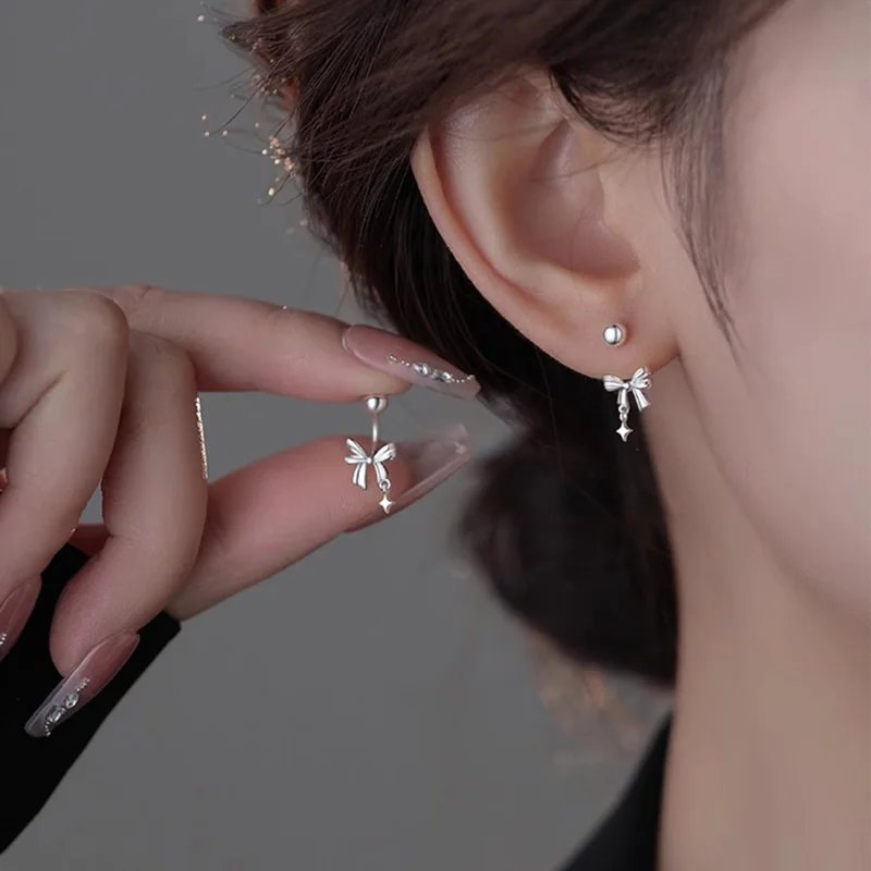 

Real 925 Sterling Silver Bowknot Bead Screw Stud Earrings For Women Party Classic Fine Jewelry Light Luxury Accessories