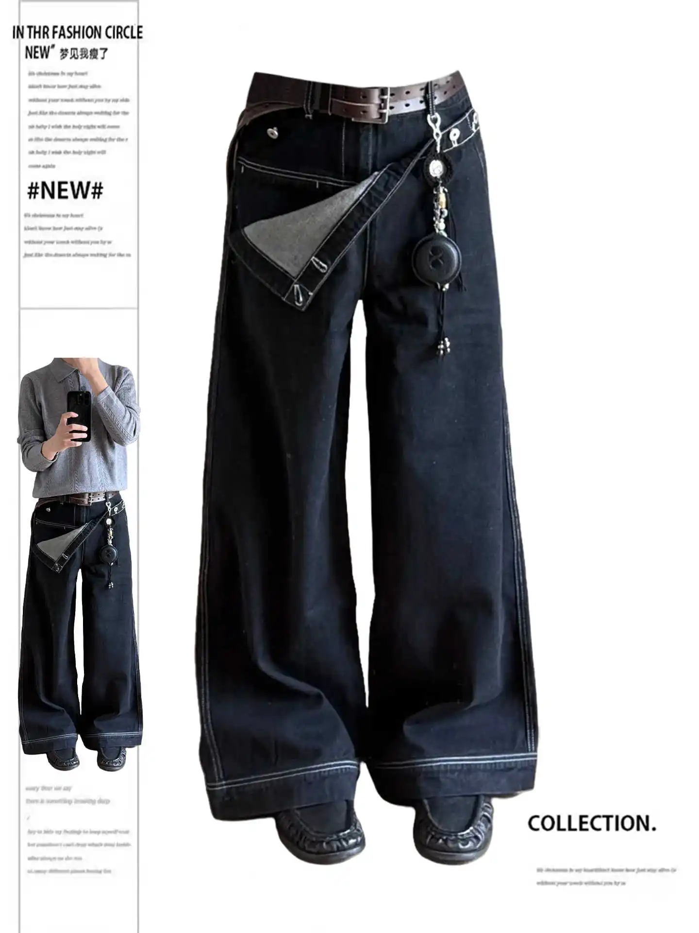 

Women's Blue Y2k Baggy Dark Jeans Harajuku Vintage Oversize Denim Trouser Japanese 2000s Style Fashion Hip Hop Wide Jeans Pants