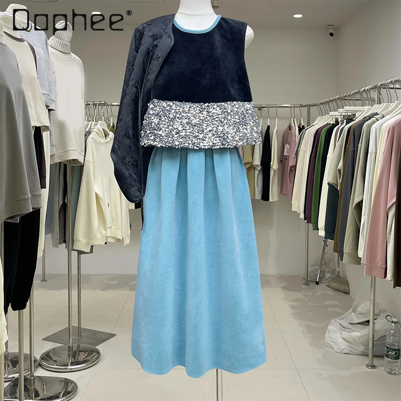 

Sequined Round Neck Sleeveless Velvet Tank Tops + High Waist A Line Long Skirt Two Piece Sets for Women Elegant Outfit